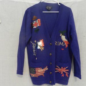 Blue Suzelle  Sweater with fancy appliques - Paris, canada, Italy USA  Medium